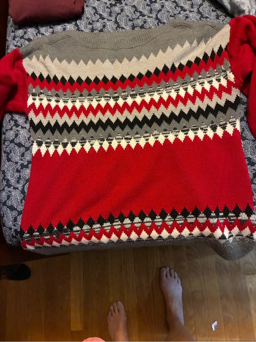 New York & Company Red, Gray, White and Black Fair Isle Crewneck Sweater
